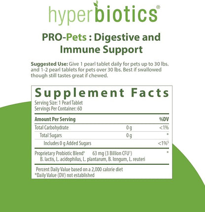 Hyperbiotics Pro Pets Probiotics | Probiotics for Dogs & Cats | Small Micro Sized Chewable Pearl Shaped Tablets | Time Released Delivery | 60 Count