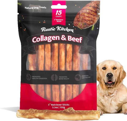 Beef Collagen Sticks for Dogs, Dog Chews Long Lasting, Rawhide Free - 15 Pack High Protein Chew Dog Treats for Small, Medium, and Large Dogs