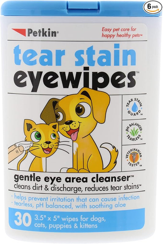 Petkin Pet Eye Wipes, 30 Moist Wipes - Gentle Eye Cleaning Wipes Remove Dirt, Discharge, & Tear Stains - Super Convenient Pet Wipes for Dogs, Cats, Puppies & Kittens - Ideal for Home or Travel