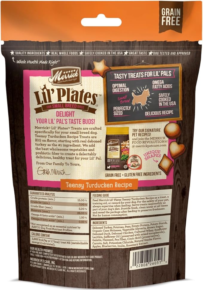 Merrick Lil’ Plates Grain Free Small Dog Treats, Natural Training Treats For Small Dogs, Teensy Turducken - 5 oz. Pouch