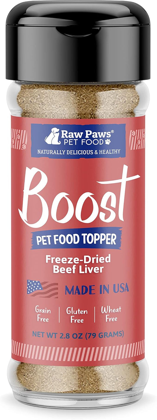 Raw Paws Boost Pet Food Topper Freeze-Dried Beef Liver, 3.2-oz, Made in USA, Dog Food Toppers for Picky Eaters, Cat Gravy Dog Gravy Topper for Dry Food, Beef Liver Sprinkles for Dogs, Cat Food Toppers