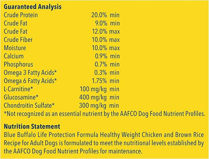 Blue Buffalo Life Protection Formula Natural Adult Healthy Weight Dry Dog Food, Chicken and Brown Rice 34-lb