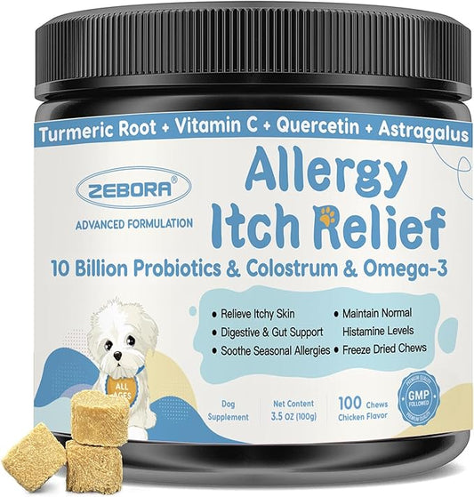 Dog Allergy Relief, Itchy Skin Relief - Digestive & Immune Supplement with Probiotics & Colostrum- Omega 3 Fish Oil for Skin & Coat Health - Anti Itch & Hot Spots + Seasonal Allergies - 100 Chews