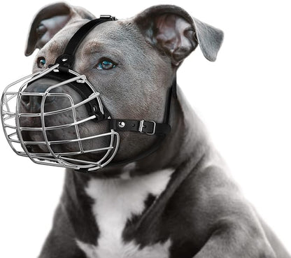 Pitbull Dog Muzzle Metal Mask Amstaff Secure Wire Basket Adjustable Durable Leather Straps for Large Dogs (Steel)