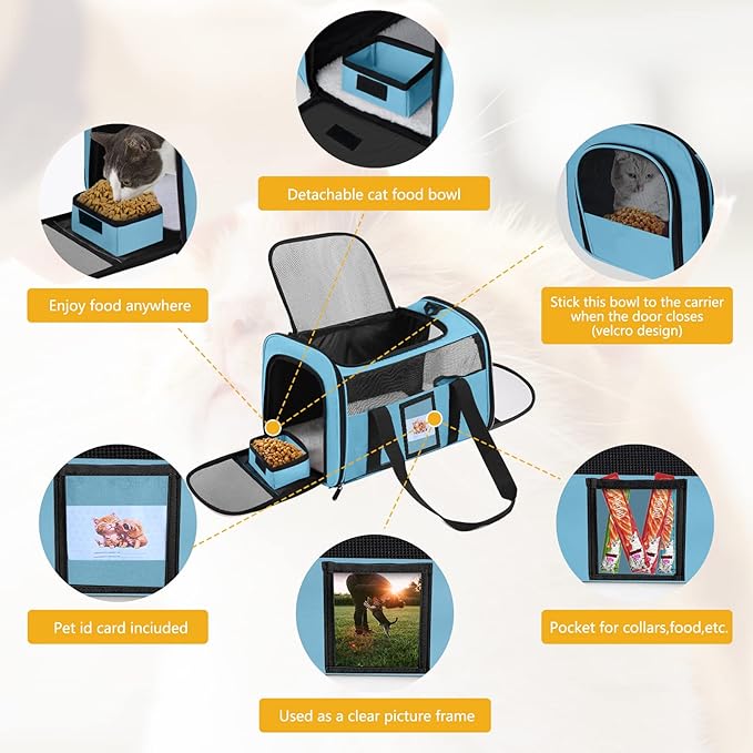 Cat Carrier, Dog Carrier, Pet Carrier Airline Approved for Cat, Small Dogs, Kitten, Cat Carriers for Small Medium Cats Under 15lb, Collapsible Soft Sided TSA Approved Cat Travel Carrier-Blue