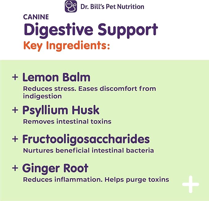 Dr. Bill’s Canine Digestive Support | Probiotics & Prebiotics for Dogs | Gut Health Pet Supplements | Contains Ginger Root, Psyllium Husk, Lemon Balm and Bifidobacterium