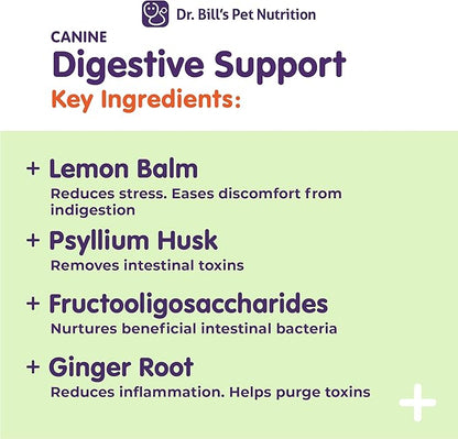 Dr. Bill’s Canine Digestive Support | Probiotics & Prebiotics for Dogs | Gut Health Pet Supplements | Contains Ginger Root, Psyllium Husk, Lemon Balm and Bifidobacterium