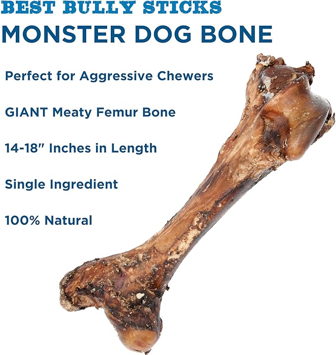 Best Bully Sticks Meaty Monster Jumbo Dog Bone - All-Natural, USA Baked Large Dog Bone Chew - Promotes Dental Health - Single-Ingredient, 100% Grass-Fed Beef Femur Bone