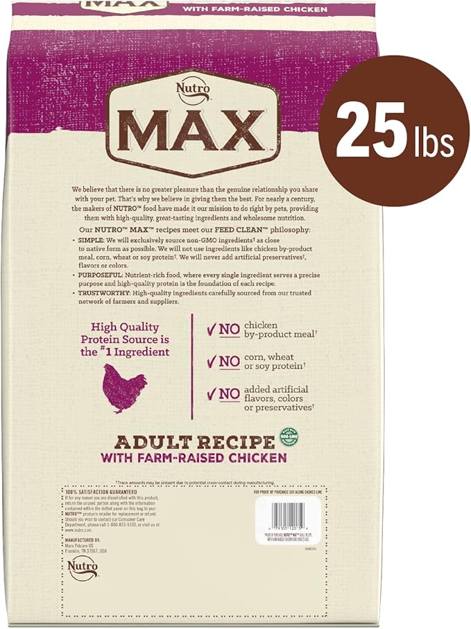 Nutro Max Adult Recipe Dry Dog Food With Farm Raised Chicken, 25 LB Bag