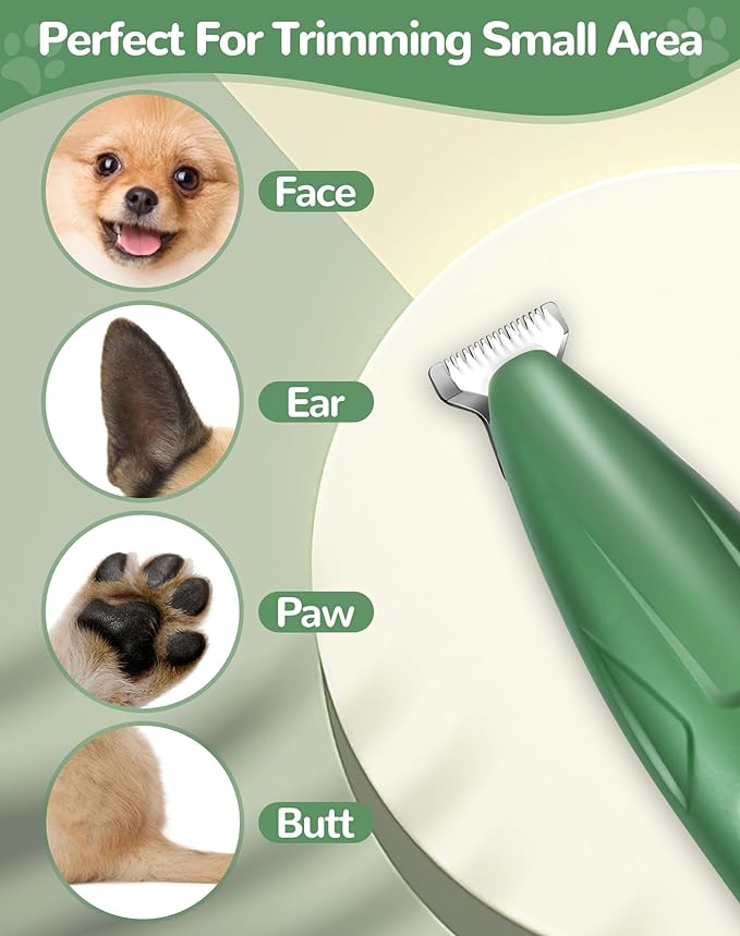 Dog Clippers for Grooming, 2 Speed Low Noise Cordless Dog Paw Trimmer, Rechargeable Small Pet Hair Trimmer for Grooming, Cat Hair Clippers Shaver for Paws, Eyes, Ears, Face, Rump (Green)