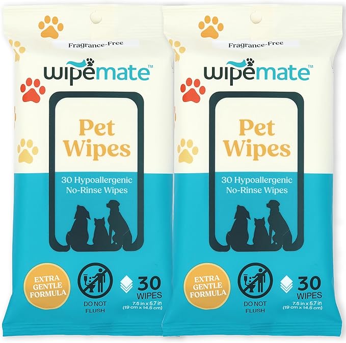 Travel (2-Pack) Dog & Cat Pet Wipes for Small/Medium Pets, Cleans Pet Paws, Ears, Fur, Butt, & Anal Gland - No-Rinse Solution, Gentle, Deodorizing, Hypoallergenic - Unscented 60 ct