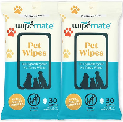 Travel (2-Pack) Dog & Cat Pet Wipes for Small/Medium Pets, Cleans Pet Paws, Ears, Fur, Butt, & Anal Gland - No-Rinse Solution, Gentle, Deodorizing, Hypoallergenic - Unscented 60 ct