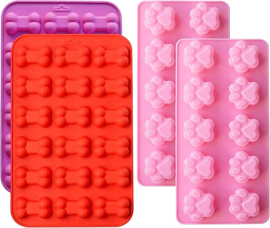 Paw Print Mold Puppy Dog Paw and Bone Silicone Molds 4pcs Dog Treat Molds Silicone Baking Mold for Puppy Treats Ice Cream Cubes Tray Biscuits Chocolate Candy Jelly Dog Snack Muffin Pan