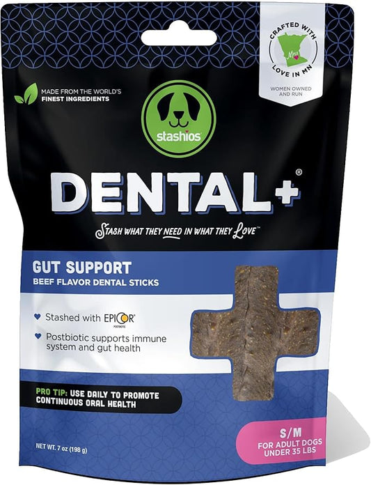 Dental+ Sticks for Dogs Under 35 lbs- Gut Support, with Beef Bone Broth, All Natural, EpiCor postbiotic, Made in The USA, Dental+ Bag, S/M - 7 oz.