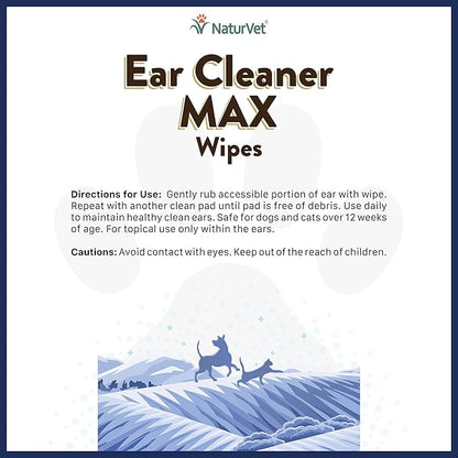 NaturVet Ear Cleaner MAX Ear Wipes for Dogs & Cats 100 Count