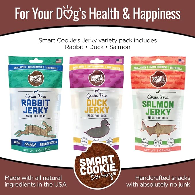 Jerky Dog Treats - 3 Flavor Variety Pack - Rabbit, Salmon & Duck Jerky Dog Treats - Training Treats for Dogs, Puppies with Allergies, Sensitive Stomachs - Grain Free, Made in USA - 3oz