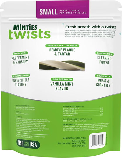 Minties Dental Twists for Dogs, Vet-Recommended Vanilla-Flavored Dental Chews for Tiny/Small Dogs 5-39 lbs lbs, Dental Treats Clean Teeth, Fight Bad Breath, and Removes Plaque and Tartar, 24oz