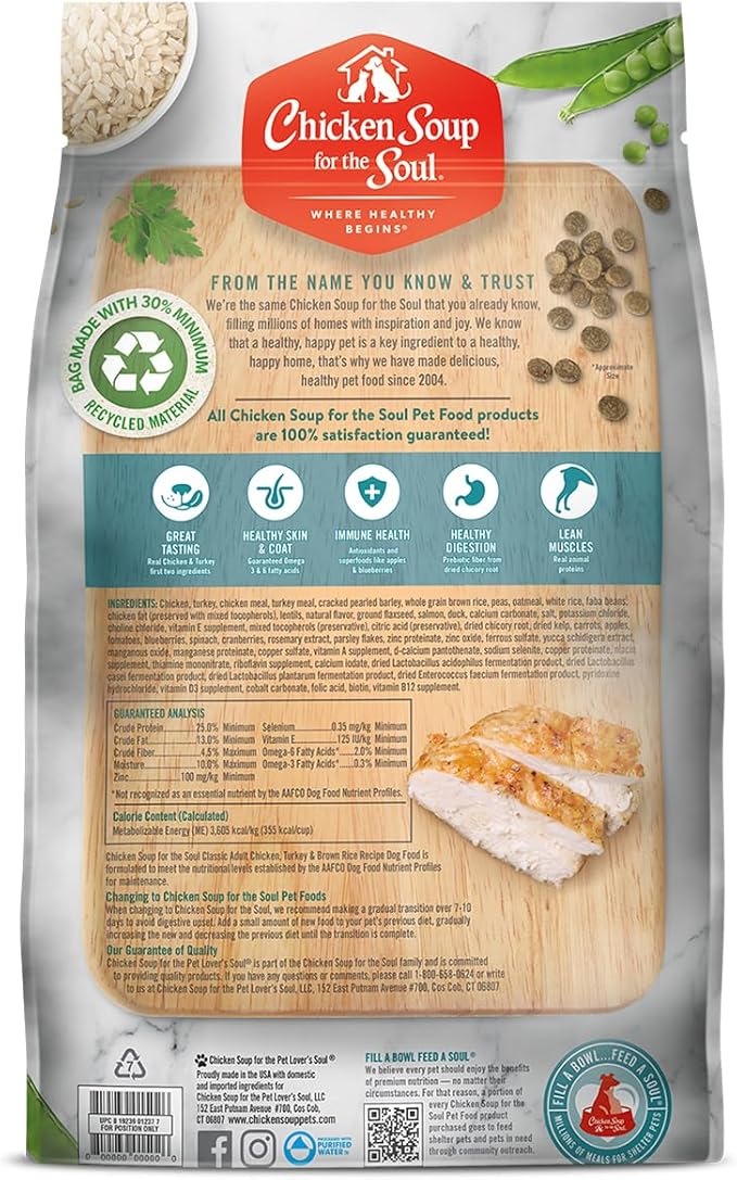 Chicken Soup for the Soul Pet Food Classic Dry Adult Dog Food, Chicken, Turkey & Brown Rice Recipe, 13.5 Pound Bag Soy Free, Corn Free, Wheat Free, Dry Dog Food Made with Real Ingredients