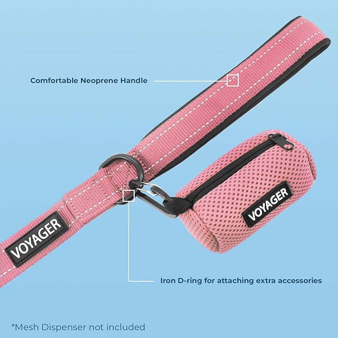 Voyager Reflective Dog Leash Collar Set with Neoprene Handle Supports Small, Medium, and Large Breed Puppies, Cute and Heavy Duty for Walking, Running, and Training - Pink, M
