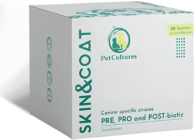 Skin & Coat Supplement for Dogs with Fish Oil & Salmon Oil, Omega 3 Dog Supplement Powder with PRE, PRO, & Post-biotics, 30 Dog Skin Allergy Relief Packs