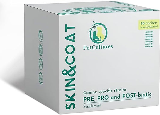 Skin & Coat Supplement for Dogs with Fish Oil & Salmon Oil, Omega 3 Dog Supplement Powder with PRE, PRO, & Post-biotics, 30 Dog Skin Allergy Relief Packs