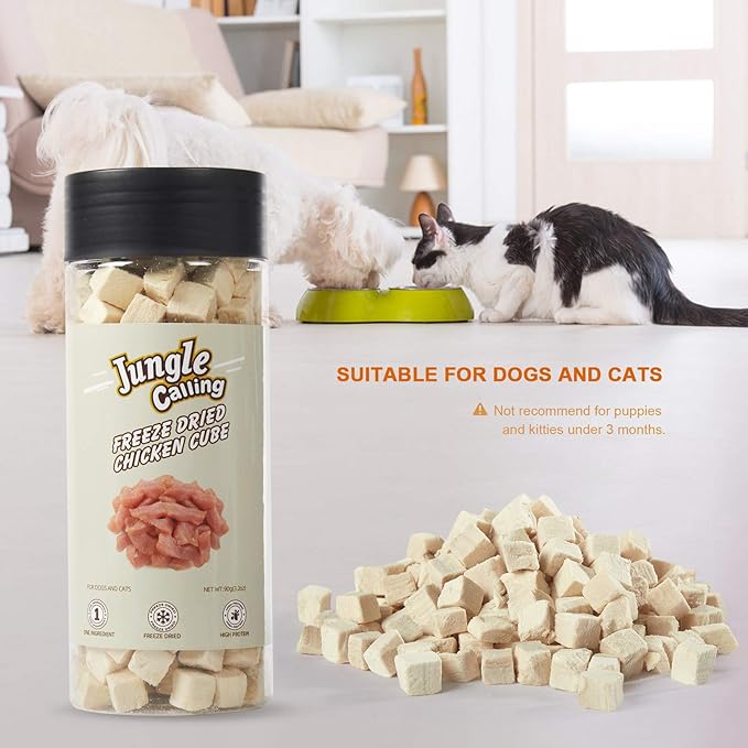 Jungle Calling Freeze Dried Cat and Dog Treats, Grain Free, Raw Single Ingredient Chicken, High Protein Snacks for Training (Chicken Cube)