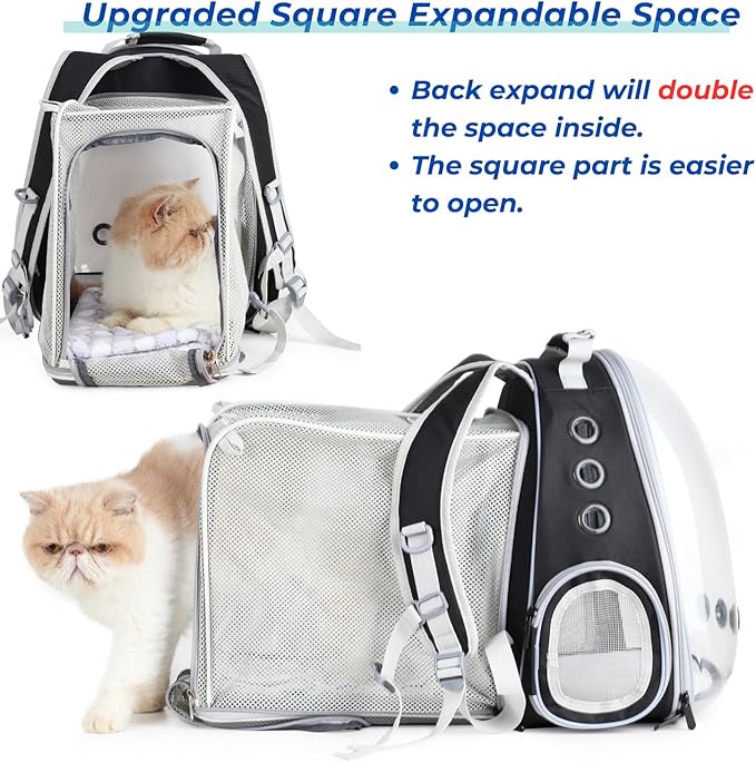 LOLLIMEOW Pet Carrier Backpack, Bubble Backpack Carrier, Cats and Puppies,Airline-Approved, Designed for Travel, Hiking, Walking & Outdoor Use (Square Expandable-Black)