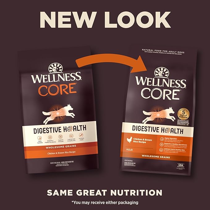 Wellness CORE Digestive Health Dry Dog Food with Wholesome Grains, Highly Digestible, For Dogs with Sensitive Stomachs, Made in USA with Real Chicken (Adult, 24-Pound Bag)