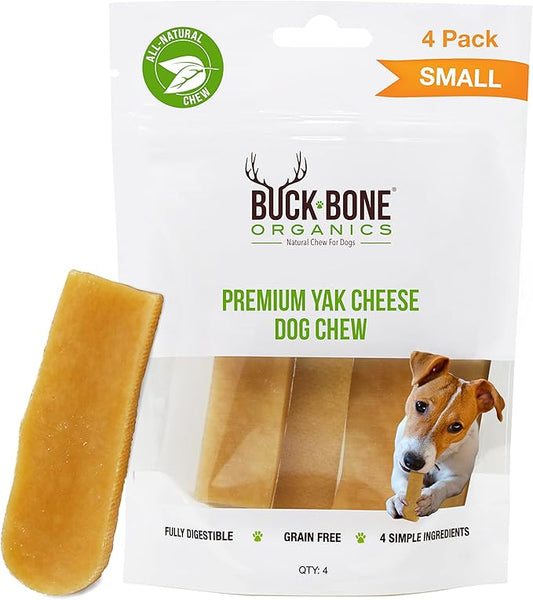 Buck Bone Organics Yak Cheese Chews for Dogs, All Natural Himalayan Yak Chew, Long Lasting Pet Treats, Odor Free, with Limited Ingredients (4 Small Sticks)