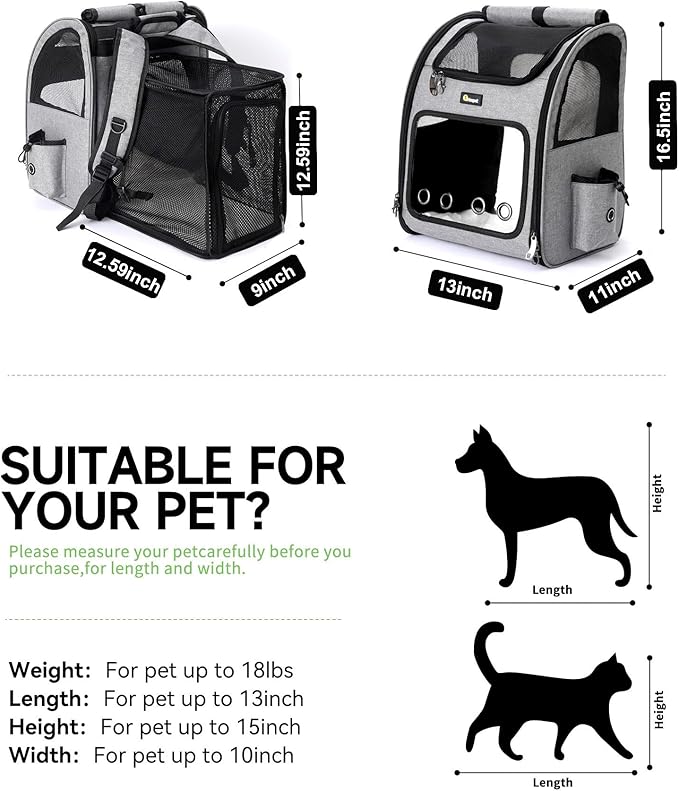 HOOPET Cat Backpack Carrier, Small and Medium Dogs and Cats Bags,Expandable Pet Carrier Backpack,Airline Approved,Suitable for Hiking/Travel/Camping, Etc, Foldable, Easy to Carry (Grey-01)