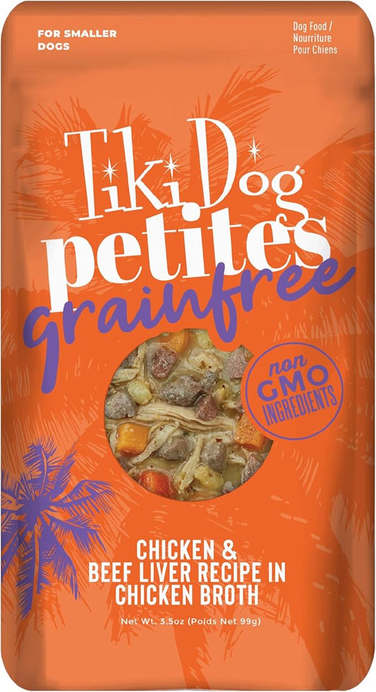 Tiki Dog Petites Grain Free, Chicken & Beef, Nutrient Dense Meat, Meal Topper for Small Dogs and All Life Stages, 3.5 oz Pouch, Pack of 12