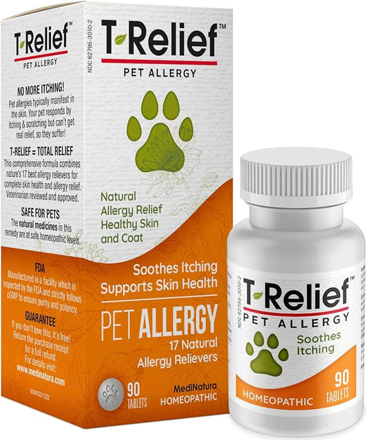 T-Relief Pet Allergy Support for Dogs & Cats Itchy Relief Supports Healthy Skin & Coat Natural Medicine Helps Soothe Hot Spot Itching Paws Licking Runny Nose Sneezing Watery Eyes - 90 Tablets