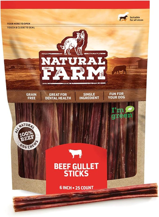 Natural Farm Gullet Sticks (6 Inch, 25 Pack), Grain-Free, Preservative-Free & Fully Digestible Beef Esophagus – Gentle Yet Effective Fun - Best for Light, Pups & Senior Chewers