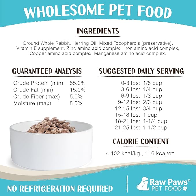 Raw Paws Freeze Dried Dog Food & Cat Food - Rabbit Recipe, 16-oz - Made in USA - Freeze-Dried Dog Food, Freeze Dried Raw Dog Food - Raw Dog Food Freeze Dried - Raw Food for Dogs, Freeze Dried Cat Food