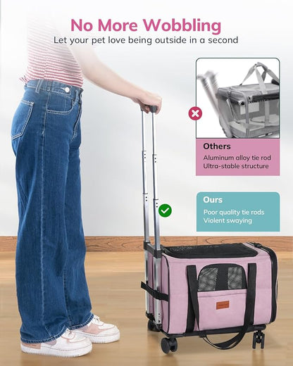 Morpilot Cat Carrier with Wheels Airline Approved, Pet Dog Carrier with Wheels for Small Dogs, Rolling Cat Carrier for Large Cats Puppy Stroller Detachable and Foldable Pet Travel Bag Pink