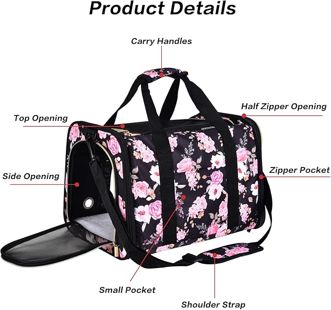 Petmolico Cat Carrier Dog Carrier, Soft Pet Travel Carrier with 3 Open Doors Mesh Windows for Cats Puppy 22 lbs, Pink Peony, Large