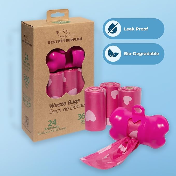 Best Pet Supplies Dog Poop Bags (360 Bags) for Waste Refuse Cleanup, Doggy Roll Replacements for Outdoor Puppy Walking and Travel, Leak Proof and Tear Resistant, Thick Plastic - Pink Heart