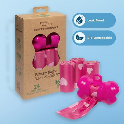 Best Pet Supplies Dog Poop Bags (360 Bags) for Waste Refuse Cleanup, Doggy Roll Replacements for Outdoor Puppy Walking and Travel, Leak Proof and Tear Resistant, Thick Plastic - Pink Heart