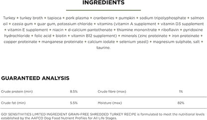 GO! SOLUTIONS Sensitivities Limited Ingredient Wet Dog Food - Grain Free Shredded Turkey Recipe - Complete & Balanced Nutrition for All Life Stages, 12.5 oz