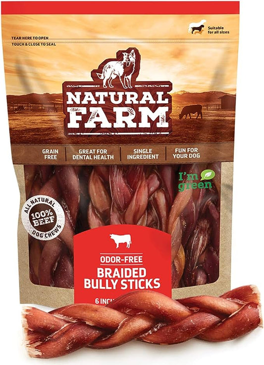 Natural Farm Odor-Free Braided Bully Sticks (6 Inch, 10 Pack) - 100% Grass-Fed Beef, Grain-Free, Low Fat & Fully Digestible Dental Treats - Safest Long Lasting Pizzle Chews to Keep Your Dog Busy
