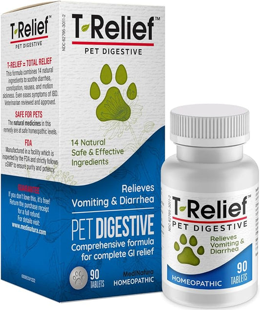 T-Relief Pet Digestive Complete GI Relief for Dog & Cat Soothing Aloe + 13 Natural Homeopathic Actives Help Calm Nausea & Diarrhea from Mild Illness Food Stress or Motion Sickness - 90 Tablets
