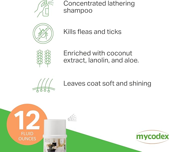 PRN Pharmacal Mycodex Flea and Tick Shampoo P3 - Sensitive Skin Shampoo for Dogs & Cats - with Oatmeal, Lanolin, & Aloe - Removes Dandruff, Dirt, & Scales While Killing Fleas, Ticks & Lice - 12 Fl Oz