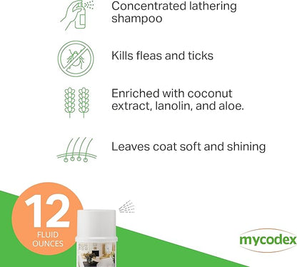 PRN Pharmacal Mycodex Flea and Tick Shampoo P3 - Sensitive Skin Shampoo for Dogs & Cats - with Oatmeal, Lanolin, & Aloe - Removes Dandruff, Dirt, & Scales While Killing Fleas, Ticks & Lice - 12 Fl Oz