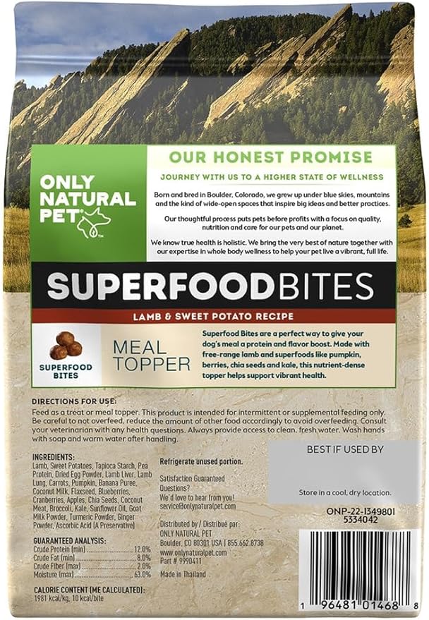 Only Natural Pet SuperFood Bites Meal Topper for Dogs - High Protein and Grain Free - Lamb & Sweet Potato 8 Oz