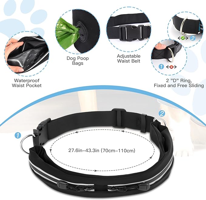 Caudblor Waist Leash for Medium Large Dog Walking, Bungee Hands Free Dog Leash with Zipper Pouch, Around The Waist No Pull Running Dog Leash Belt, Padded Handle Jogging No Hands Dog Leash Heavy Duty
