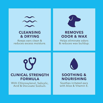 Vetnique Labs Oticbliss Ear Cleaner Wipes/Flushes for Dogs & Cats with Odor Control and Itch Relief Reduces Head Shaking - Clear The Ear