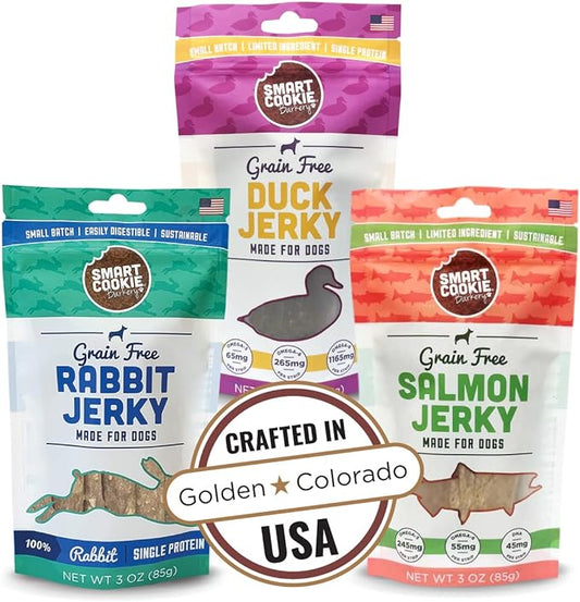 Jerky Dog Treats - 3 Flavor Variety Pack - Rabbit, Salmon & Duck Jerky Dog Treats - Training Treats for Dogs, Puppies with Allergies, Sensitive Stomachs - Grain Free, Made in USA - 3oz