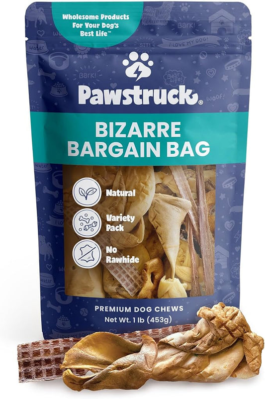 Pawstruck Bizarre Bargain Bag Assorted Natural Dog Chew Treats - Animal Ears, Jerky, Bones, Hooves, Beef Straps - Long Lasting Rawhide Alternative for Chewers All Breeds - 1 lb - Packaging May Vary