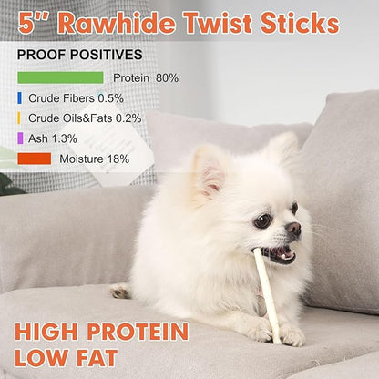 MON2SUN Dog Rawhide Twist Sticks Natural 5 Inch Thin Sticks Rawhide Chews Dog Treats for Puppy and Small Dogs 60 Count