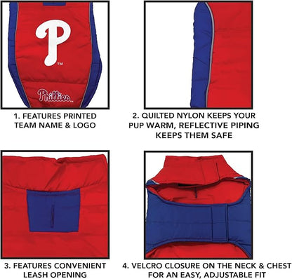 Pets First MLB Philadelphia Phillies Puffer Vest for Dogs & Cats, Medium. Warm, Cozy, & Waterproof Dog Coat, for Small & Large Dogs/Cats. Best MLB Licensed PET Warming Sports Jacket (PHP-4081-MD)